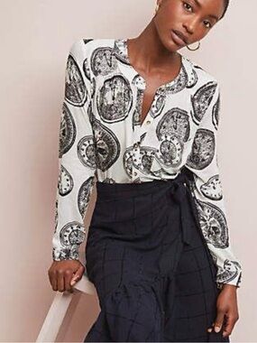 Anthropologie Conversations 27 of 52 Clock Print Blouse Size 8 Rayon